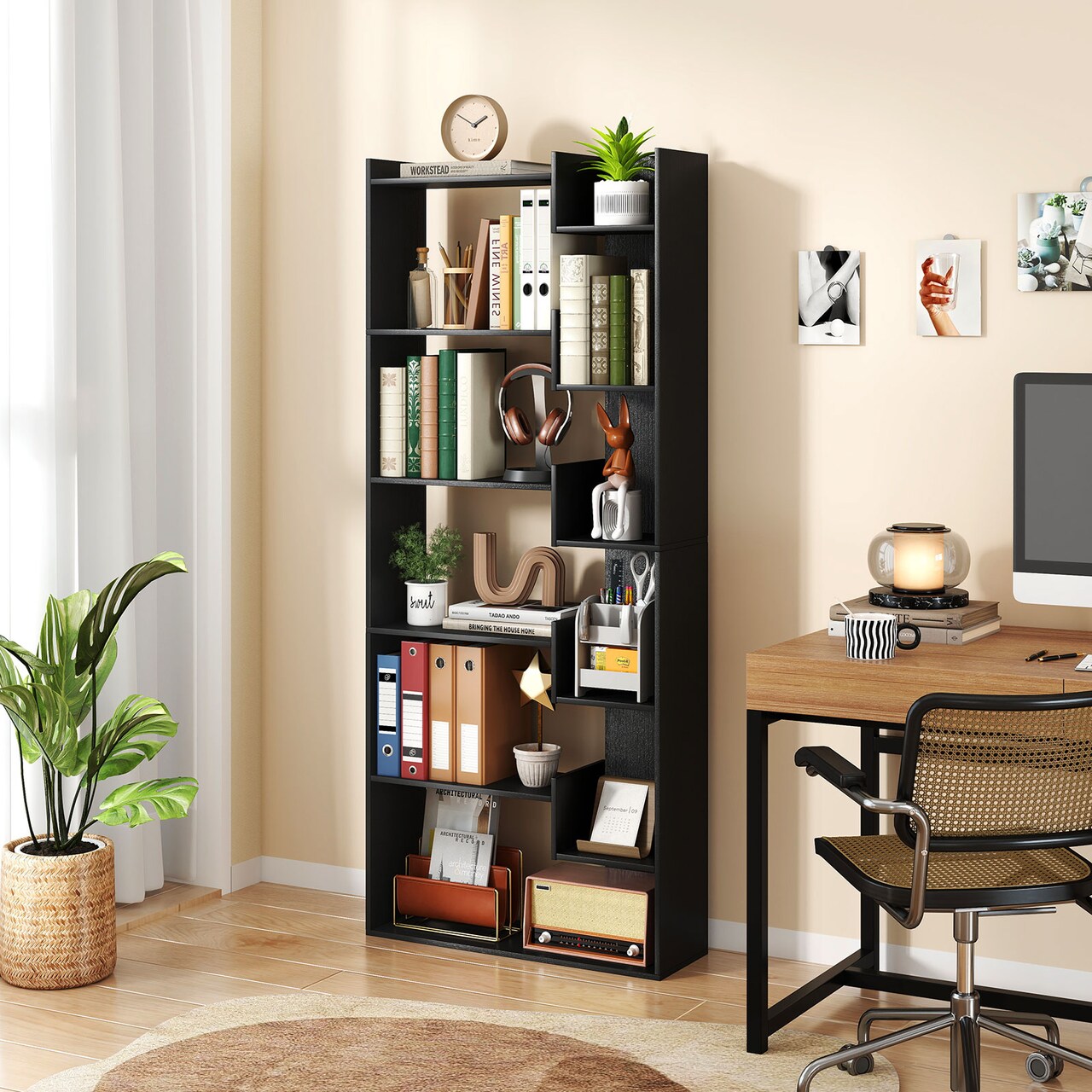 Wooden 6-Tier Bookshelf with Wall Anchor Kit and Open Shelves for Living Room